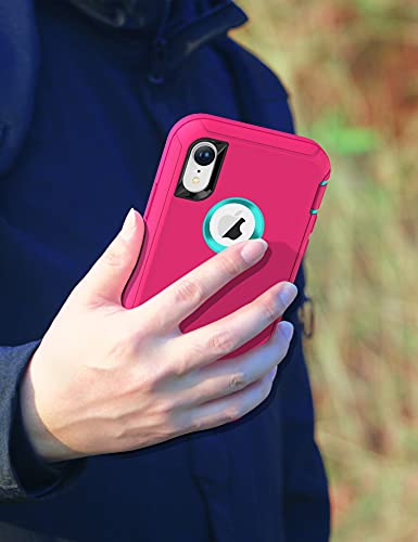 MXX Compatible with iPhone Xr Case, 3-Layer Super Protective Full Heavy Duty Body Tough Rugged Bumper Cover, Shock & Dust Proof, Designed for Apple Xr Phone Case 6.1" - color: Pink/Teal Blue