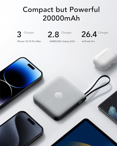 20000mAh Power Bank with 4 Built-in Cables, Travel Essentials, Grey(1 Pack) - color: Grey