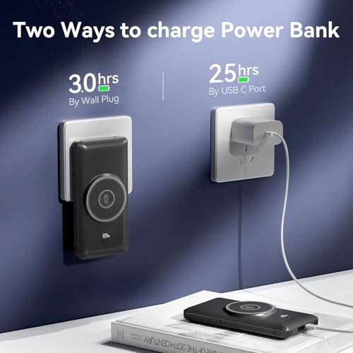 Magnetic 10000mAh Portable Charger for iWatch & iPhone, PD Fast Charging Wireless Power Bank Built-in Cables and Wall Plug, External Travel Battery Pack Compatible with iOS Android Phones - color: Black