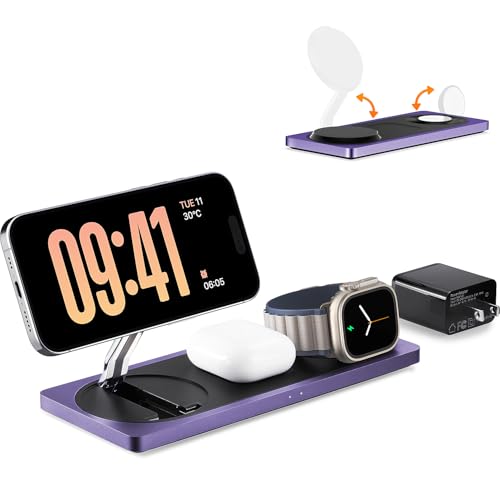 PETINO Mag-Safe Charger Stand, 3-in-1 Magnetic Wireless Charging Station for Apple Devices, iPhone 15/14/13/12 Series, Apple Watch, AirPods Pro (Purple) - color: Purple