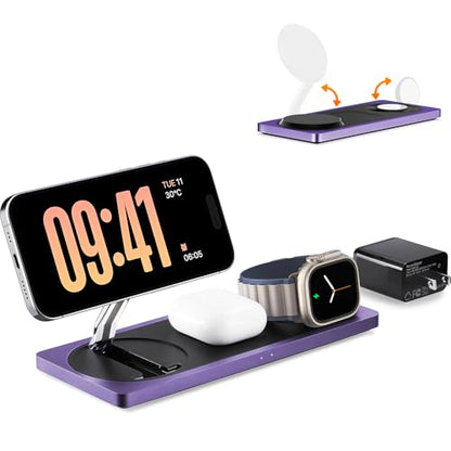 PETINO Mag-Safe Charger Stand, 3-in-1 Magnetic Wireless Charging Station for Apple Devices, iPhone 15/14/13/12 Series, Apple Watch, AirPods Pro (Purple) - color: Purple
