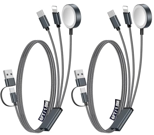 2Pack Travel Essentials for Apple Watch Charger,3-in-2 Multi Charging Cable - color: Black, size: 2Pack-6 FT