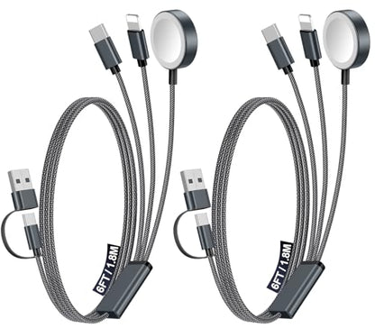 2Pack Travel Essentials for Apple Watch Charger,3-in-2 Multi Charging Cable - color: Black, size: 2Pack-6 FT