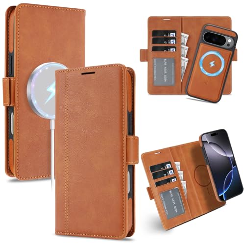 for Google Pixel 10 Pro XL Wallet Case Compatible with Magsafe, 2 in 1 Leather Flip 3 Card Holder Magnetic Detachable Cover Q1 (Brown, Google Pixel 10 Pro XL) - color: Brown, size: Google Pixel 10 Pro XL