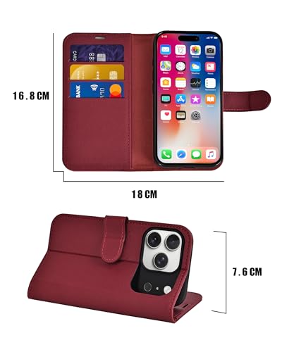 for iPhone 17 Pro Max Wallet Case, Flip Folio Phone Cover with Card Holder, RFID Blocking, Shockproof Protective Case with Kickstand, Magnetic Closure, PU Leather & TPU, Red - color: Red