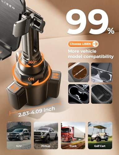 LISEN [Upgraded Version Cup Holder Phone Holder for Car, Universal 360° Adjustable Long Neck Car Phone Mount Golf Cart Truck Jeep, Compatible with iPhone Samsung Google & All 4.0-7.0 '' Phones - color: Black