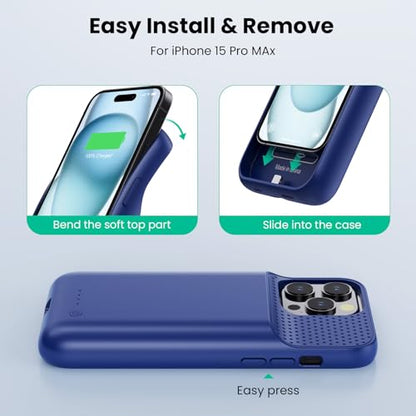 Battery Case for iPhone 15 Pro Max,Powerful 8600mah Ultra-Slim Protective Charging Case,15W Fast Charging Portable Rechargeable Expandable Battery Charger Cover for iPhone 15 Pro Max(6.7inch)-Blue - color: Blue