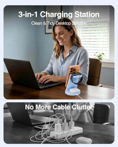25W MagSafe Charging Station, 3-in-1 Magnetic Wireless Charger for Apple - color: Blue