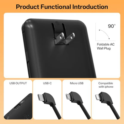 Portable Charger with Built-in Cables and AC Wall Plug, USB C External Battery Pack, 10000mAh Travel Essentials Power Bank Compatible with iPhone17/16/15/14/13, Samsung Galaxy, Pixel,Tablet and More - color: Matte Black