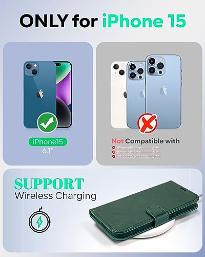OCASE Compatible with iPhone 15 Wallet Case, PU Leather Flip Folio Case with Card Holders RFID Blocking Kickstand [Shockproof TPU Inner Shell] Phone Cover 6.1 Inch 2023, Blackish Green - color: Blackish Green