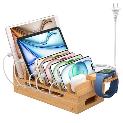 Bamboo Charging Station with 5 Port Charger HUB & 5 Cables-Natural Bamboo - color: Natural Bamboo
