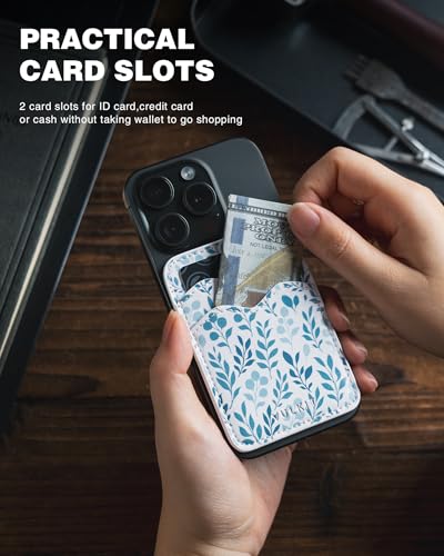 VULKIT Stick on Card Holder Compatible for iphone Leather Cell Phone Wallet Credit Card Case Strong Sticker for Women - color: Blue -Floral