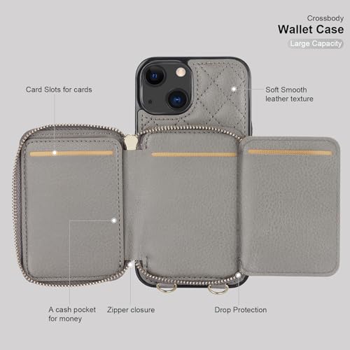 Bocasal Crossbody Wallet Case Card Holder for iPhone 13, Grey | RFID Blocking PU Leather Zipper Handbag Purse, Kickstand Flip Folio Case with Card Slots Holder Wrist Strap Lanyard 6.1 Inch - color: Gray