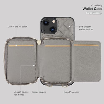 Bocasal Crossbody Wallet Case Card Holder for iPhone 13, Grey | RFID Blocking PU Leather Zipper Handbag Purse, Kickstand Flip Folio Case with Card Slots Holder Wrist Strap Lanyard 6.1 Inch - color: Gray