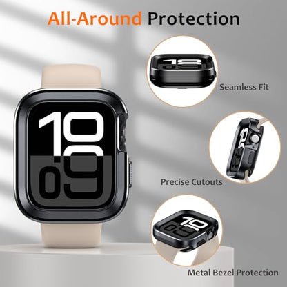 Amizee 2 in 1 Metal Rugged Case Compatible with Apple Watch Series 11/10 46mm, Aluminum Shockproof Protective Bumper Cover for iWatch 46mm, Black - color: Black, size: 46mm