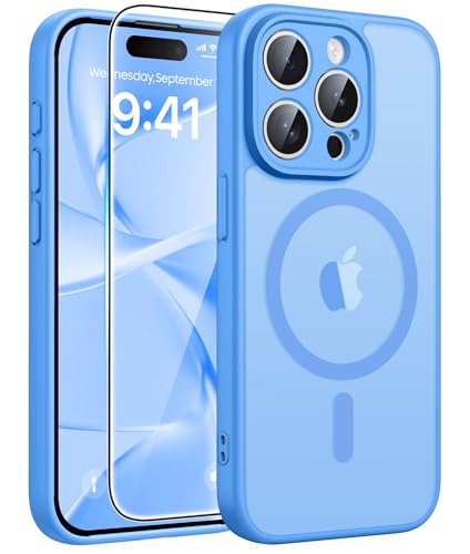 FNTCASE for iPhone 15 Pro Max Case, Fit for Magsafe, Glass Screen Protector | Full Camera Protection, Translucent Matte, 14FT Military Grade Drop Proof, Shockproof Protective Phone Cover, Ice Blue - color: Ice Blue, size: Iphone 15 Pro Max (6.7 Inch)