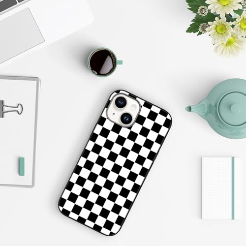 Compatible with iPhone 14 Case Checkered Pattern Black White | Anti-Scratch Hard PC Back, Non-Slip Soft TPU Sides, Shockproof Protection Cover - color: Black White