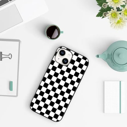 Compatible with iPhone 14 Case Checkered Pattern Black White | Anti-Scratch Hard PC Back, Non-Slip Soft TPU Sides, Shockproof Protection Cover - color: Black White