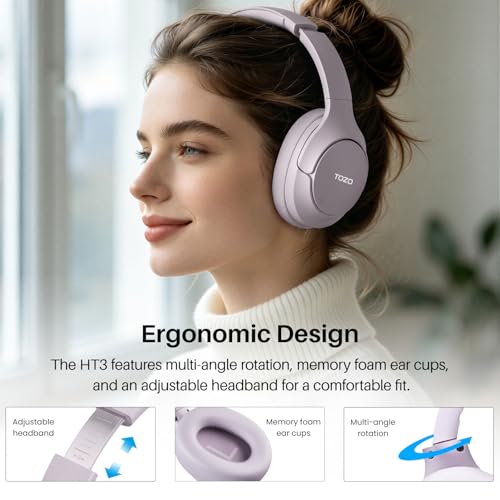 TOZO HT3 Hybrid Noise Cancelling Wireless Headphones, 90H Over Ear Headset - color: Light Purple