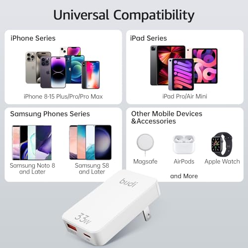 BUDI 33W Extra Slim Portable Wall Charger 2-Port Wall Charger Convenient Travel Accessories Compatible with MacBook and IPad iPhone Samsung Galaxy USB C Laptop Switch, Etc. (33W iPhone Set) - color: 33W iPhone Set