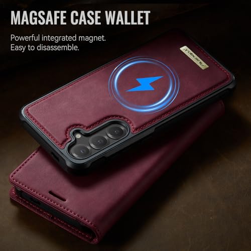 for Samsung Galaxy S25 5G 2in1 Detachable Wallet Case, Burgundy | Compatible with Magsafe, Magnetic, RFID Blocking Card Holder, Shockproof, Kickstand, Wireless Charging, PU Leather Flip Cover - color: Retro Burgundy, size: Galaxy S25 - 6.2"