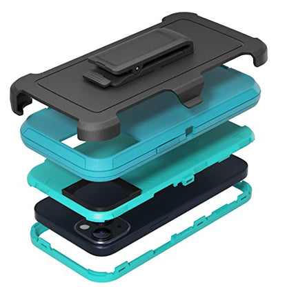Compatible with iPhone 13 6.1 inch Case,with Screen Protectors,Heavy Duty Rugged Shockproof Full Body Protection Kickstand Case with Belt Clip Holster for iPhone 13 Phone (Teal+Light Blue) - color: Teal+Light Blue