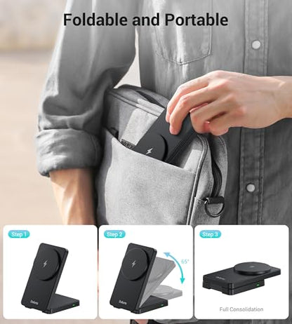 Folding Wireless Charging Stand, Magnetic 15W Fast Charging Station Mag-Safe Travel Lightweight Charger Compatible for iPhone 16/16 Pro/16 Pro Max/16 Plus/15/14/13/12 Series, AirPods 4/3