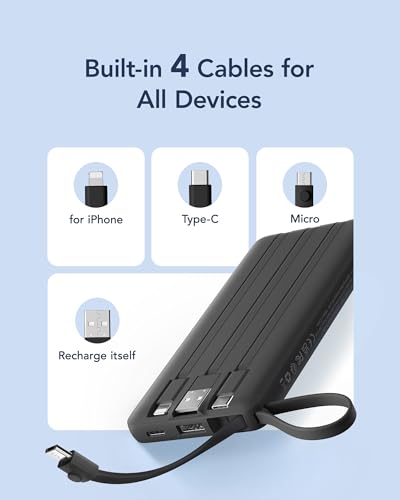 VRURC Portable Charger with Built in Cables, Slim Power Bank 10000mAh