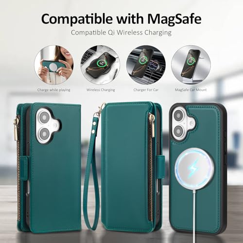 Antsturdy Compatible with MagSafe iPhone 17 Wallet Case,Indigo Blue | Detachable Magnetic Credit Card Holder,RFID Blocking,PU Leather Zipper Purse,Wrist Strap Kickstand,Flip Phone Cover for Women - color: (Detachable with Magsafe)-Indigo Blue
