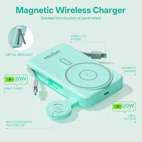 Magnetic Portable Charger Built-in Cables,10000mAh Fast Charging Wireless Charger Station External Battery Pack Slim Pocket Size Power Bank with Stand Compatible with iWatch, iPhone - color: Green