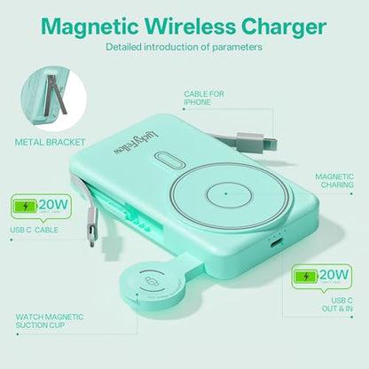 Magnetic Portable Charger Built-in Cables,10000mAh Fast Charging Wireless Charger Station External Battery Pack Slim Pocket Size Power Bank with Stand Compatible with iWatch, iPhone - color: Green