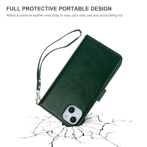 Bocasal Detachable Wallet Case Card Holder for iPhone 15, Green | RFID Blocking Kickstand Card Slots Holder PU Leather Magnetic Shockproof Wrist Strap Removable Flip Protective Cover 6.1 inch - color: Green