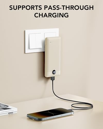 Portable Charger Built-in Cables and AC Wall Plug, USB C Power Bank 10000mAh, Travel Battery Portable Phone Charger Compact Lightweight External Battery Pack for Smart Phones, Tablets etc-Light Coffee - color: Light Coffee