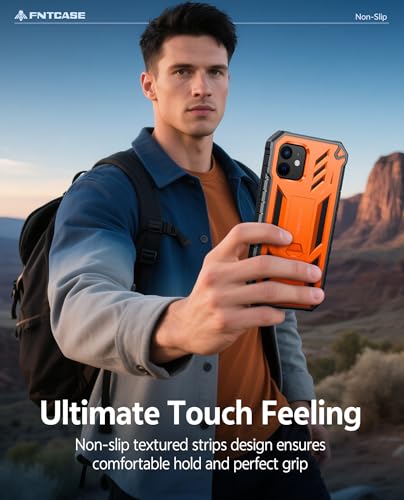FNTCASE for iPhone 12 Phone Case: for iPhone 12 Pro Phone Case Military Grade Drop Proof Rugged Protective Cover with Kickstand | Matte Textured Shockproof TPU Hybrid Bumper Cases 6.1 inch - Orange | 20FT Military-Grade Drop Protection, Anti-Slip Matte Te