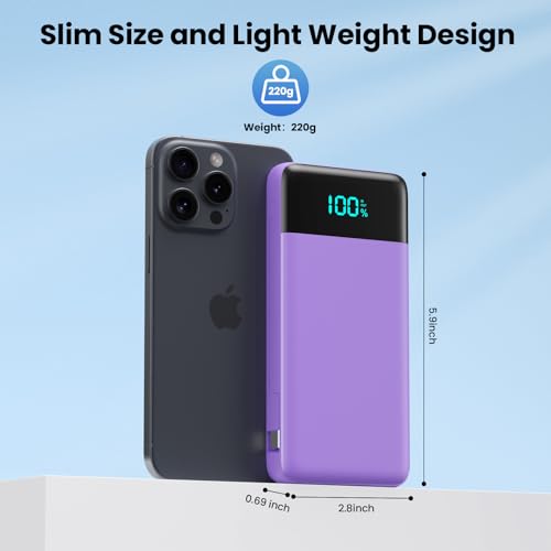 Portable Charger for iPhone,13800mAh Slim Power Bank with Built-in Cables & AC Wall Plug,All in One 4 Outputs USB C Fast Charging Battery Pack for iPhone 17/16/15/14,Android,Travel Essential (Purple) - color: Purple