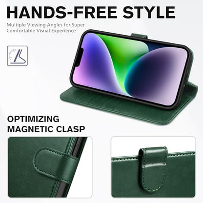 TUCCH Wallet Case for iPhone 14 (6.1") 2022, Flip Stand, Midnight Green | RFID Blocking, 4 Card Holders, Kickstand, PU Leather, Shockproof TPU Shell, Magnetic Closure, Protective Folio Cover - color: Midnight Green