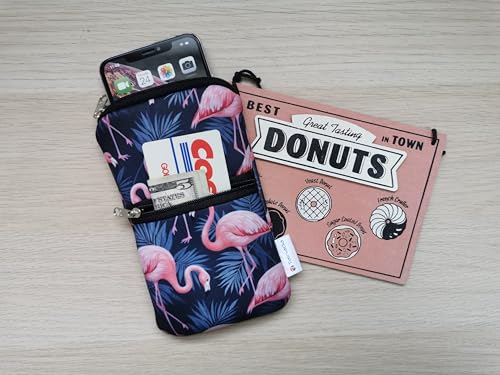 Tainada 2-Zip Neck Phone Pocket Bag w/Belt Loop (Flamingo Pattern Gray) | For Men/Women; Water-resistant neoprene pouch, shockproof, lightweight, w/carabiner; Compatible with most of smartphones - color: Flamingo Pattern Gray