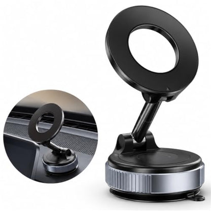 Magnetic Car Phone Mount for Dashboard, Vacuum Suction Phone Holder with Strong MagSafe-Compatible Grip, Foldable Design, 360° Rotation, Dashboard Pad Included, for iPhone & Smartphones