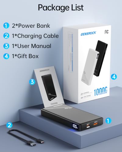 GENSROCK 2-Pack Portable Charger Power Bank 10000mAh, Slim Power Bank - color: Black White