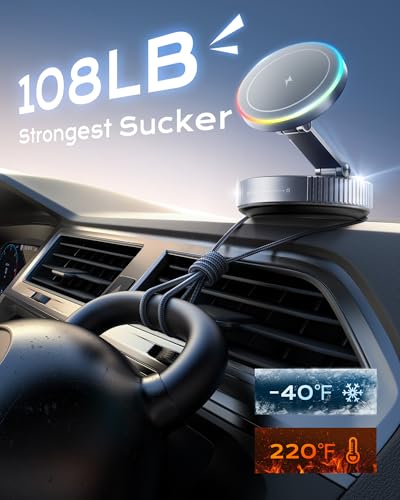 MagSafe Car Charger Mount, 15W Fast Wireless Charging Phone Holder, 108LB Vacuum Suction Cup & 3800gf Strong Magnet, 360° Adjustable Dashboard Windshield Mount for iPhone 17 Pro Max/17 Air/16-12