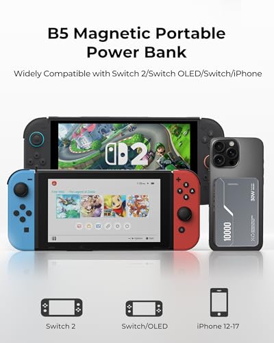 Antank B5 Magnetic Power Bank 10000mAh for Nintendo Switch 2 2025, 30W PD Fast Charging Portable Battery Pack for Switch/OLED/iPhone 12-17, 3.5-8H Extended Playtime, 2 Removable Clips & 2 USB-C Cables