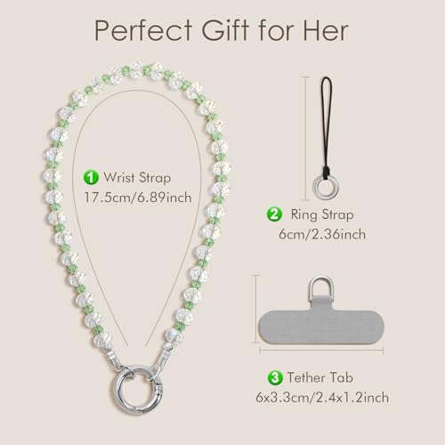 SURPHY Phone Charm, Handmade Beaded Phone Wrist Strap with Tether Tab - color: D- Crystals Green