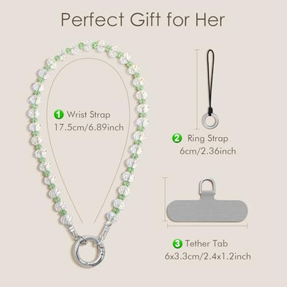 SURPHY Phone Charm, Handmade Beaded Phone Wrist Strap with Tether Tab - color: D- Crystals Green