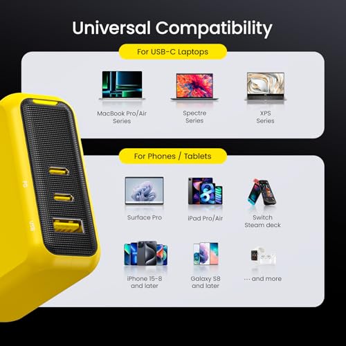 AOHI Youth 140W GaN+ USB C Charger 100W Laptop Fast Charger PD3.1 PPS 3-Port USB C Wall Charger Power Adapter for MacBook Pro 16'', Dell XPS, iPhone 17 Pro Max, iPad Pro, Tablet, Chromebook, Yellow