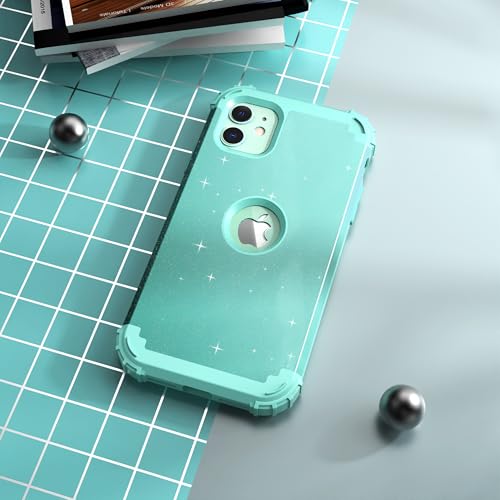 IDweel for iPhone 11 Case with Screen Protector(Tempered Glass), Hybrid 3 in 1 Shockproof Slim Fit Heavy Duty Protection Hard PC Cover Soft Silicone Bumper Full Body Case,Glitter Cyan - color: Glitter Cyan