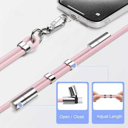 2-in-1 Phone Lanyard USB-C Charging Cable, 60W Fast Charge Braided Crossbody Strap, Adjustable Anti-Lost Cord - color: Pink