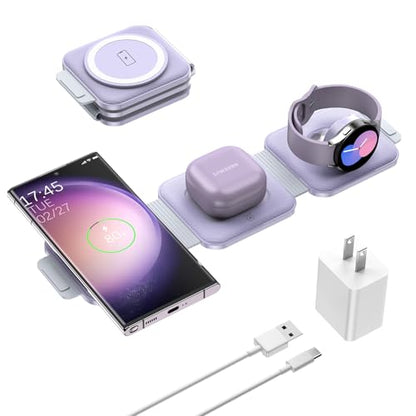 Travel Charger for Samsung Multi Devices, Foldable 3 in 1 Wireless Charging Station Fast Charging Stand/Pad Compatible for Samsung Galaxy S26/S25/S24/S23/Note20 Galaxy Watch8/7/6/Galaxy Buds4(Violet - color: Violet