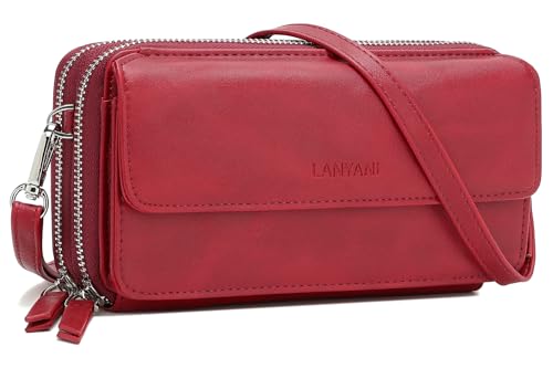 RFID Crossbody Wallet Wristlet Purse with Phone Pocket For Women Vegan Leather - color: B-wine