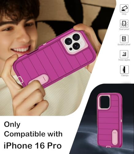 for iPhone 16 Pro Case with Screen Protector,Built-in Invisible Kickstand,Heavy Duty Shockproof Drop Protection Military Grade Tri-Layer Rugged Durable Cell Phone Cover for Apple 16 Pro 6.3"(Purple - color: Purple