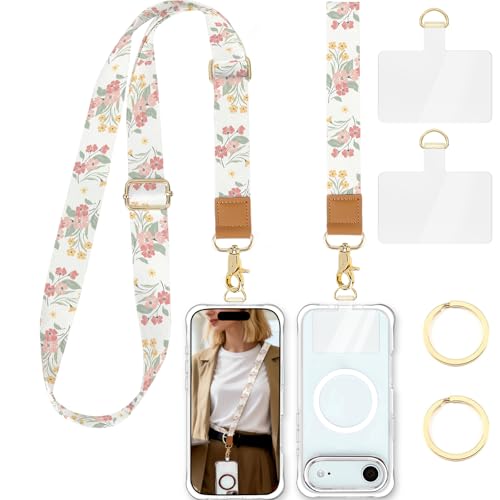 Phone Lanyard Crossbody Strap, Adjustable Neck Strap and Wristlet Strap for Phone Wallet ID Badge with 2 Phone Tabs - color: Beige Flowers